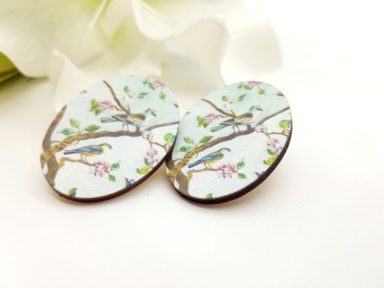 Preview: Große, ovale Holz Ohrstecker Vögel